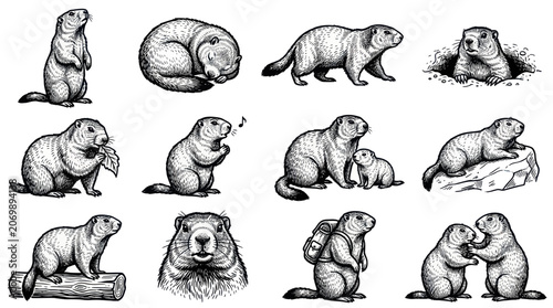 Collection of Groundhog Illustrations in Various Poses.
