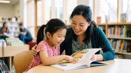 Engaged young girl and caring woman sharing a children's book, fostering early literacy and learning