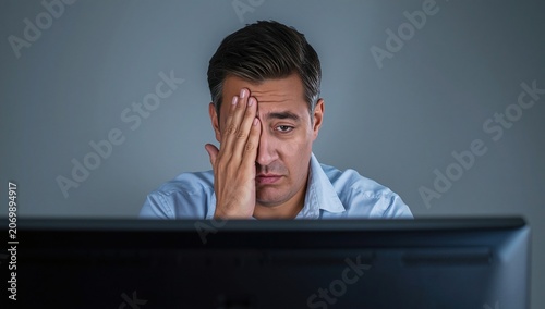 A stressed man with a hand on his face, sitting in front of a computer screen, portraying frustration and anxiety