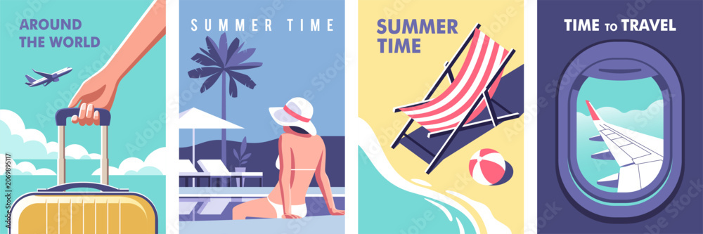 Obraz premium Concept of summer party, vacation and travel. Perfect background on the theme of season vacation, weekend, beach. Vector illustration in minimalistic style for posters, cover art, flyer.