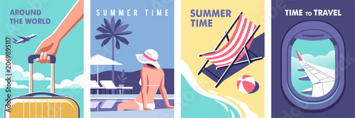 Concept of summer party, vacation and travel. Perfect background on the theme of season vacation, weekend, beach. Vector illustration in minimalistic style for posters, cover art, flyer.