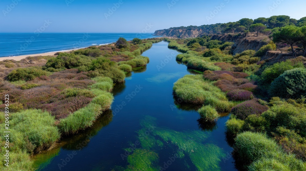 Obraz premium Tranquil River Flowing Through Lush Greenery and Coastal Landscape Under Clear Blue Sky on a Sunny Day