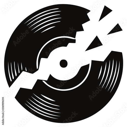 Shattered vinyl record icon in black and white symbolic of a music disaster or a broken music system