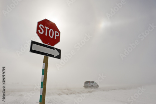 Cuadro en lienzo road covered with blowing snow during a blizzard, near Morris, Manitoba, Canada