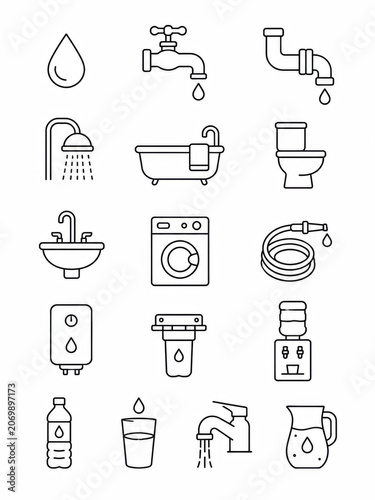 Set of black and white line icons representing various water and home plumbing