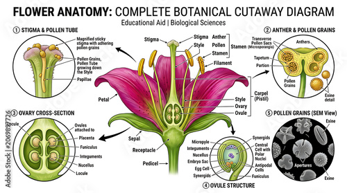 Bild auf Leinwand A detailed botanical cutaway diagram of a flower's anatomy