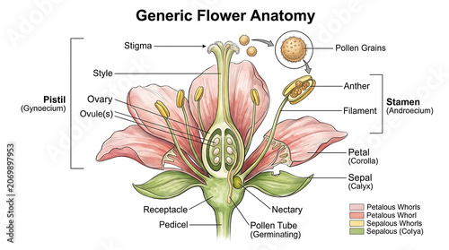 Canvastavla Detailed illustration of a flower's anatomy showcasing its various parts and functions in a botanical diagram