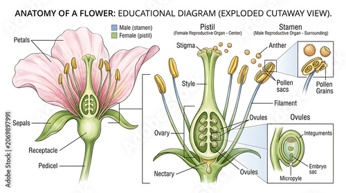 Canvastavla Detailed educational diagram showing the anatomy of a flower with labeled parts