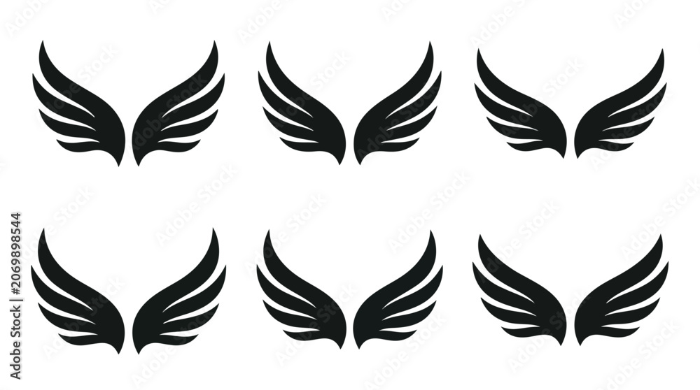 Obraz premium Set of six black stylized wing icons arranged in two rows with a sleek modern design for branding or logo use