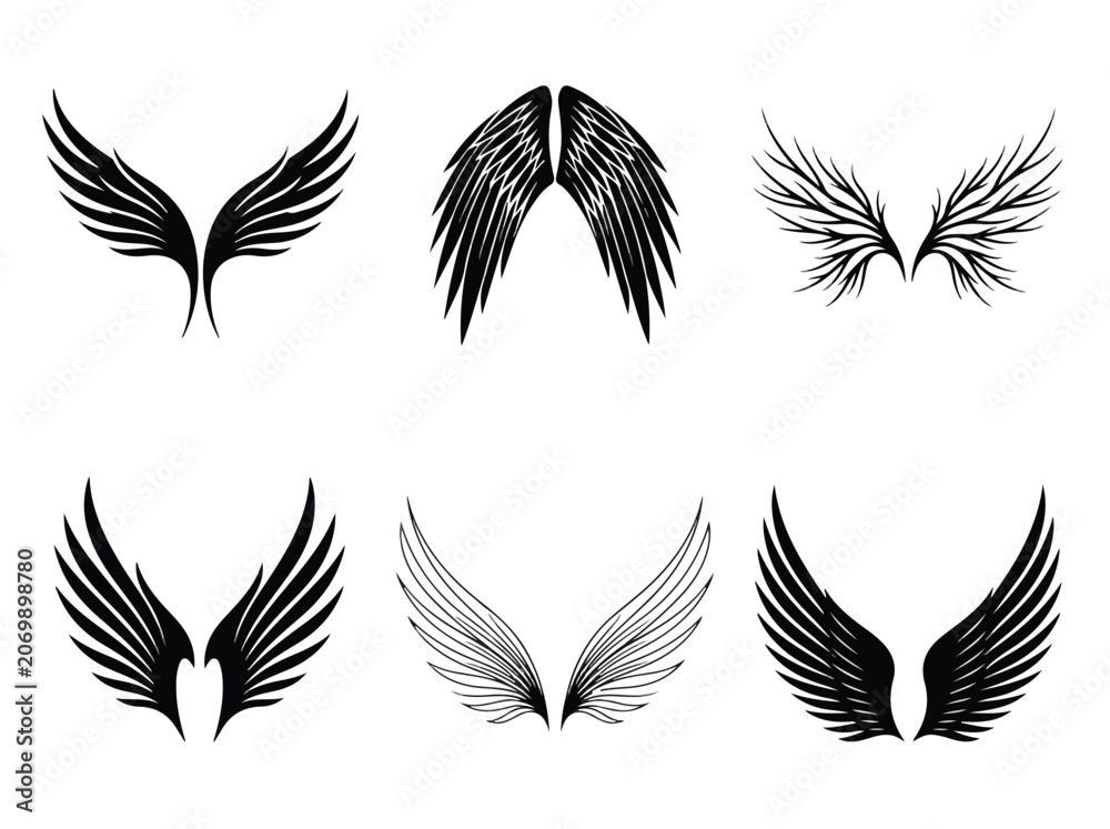 Obraz premium Set of six black and white abstract wing illustrations with various feather and wing designs for artistic projects