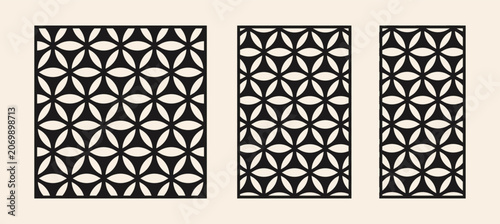Laser cut pattern template set. Vector CNC router panels with geometric flower lattice. Decorative privacy screens for interior partition