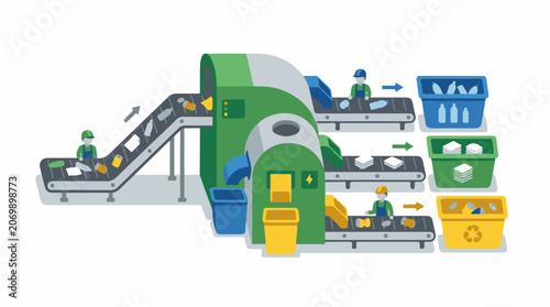 A colorful illustration of a recycling facility with workers sorting materials on conveyor belts