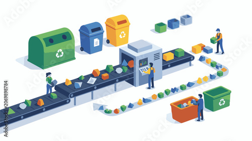 A colorful illustration of a recycling facility with workers sorting waste