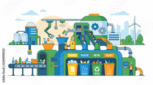 A colorful illustration of a recycling plant with various machines and workers sorting paper plastic metal and glass