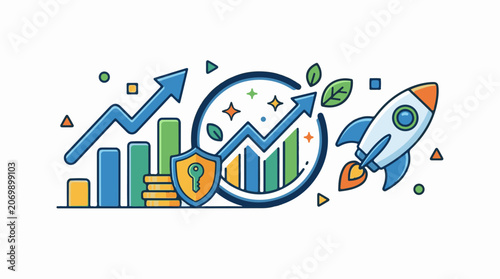 A colorful illustration of a rocket graphs and a shield with a key