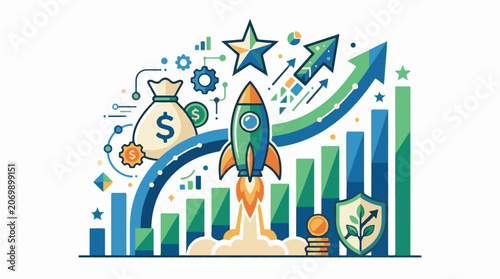 A colorful illustration of a rocket launching amidst various business and financial symbols