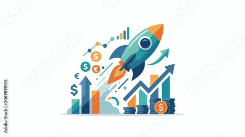 A colorful illustration of a rocket launching amidst rising graphs and currencies