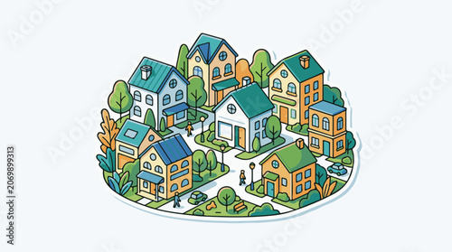 A colorful illustration of a small suburban neighborhood with various houses and trees
