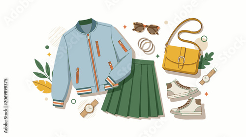 A colorful illustration of a stylish outfit consisting of a light blue jacket green skirt sneakers purse and accesso