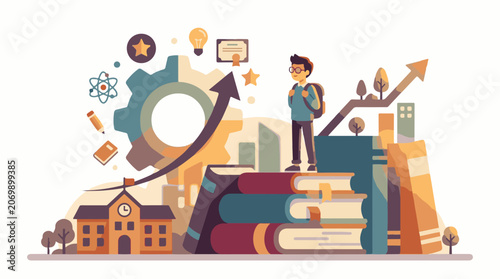 A colorful illustration of a student standing on stacked books with a school building and various educational symbols ar