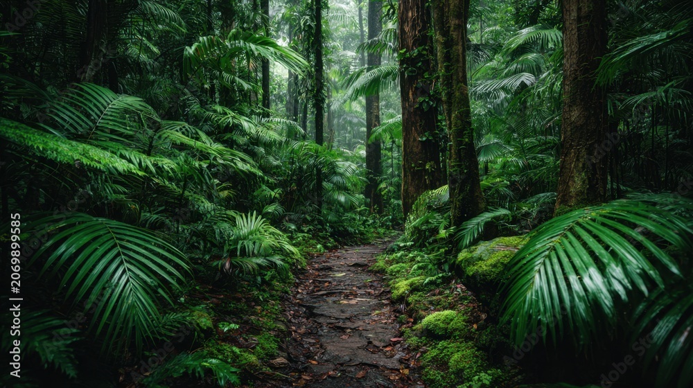 Obraz premium Lush Green Rainforest Path Leading Through Dense Foliage and Tall Trees in a Serene Nature Setting with Misty Atmosphere and Vibrant Plant Life