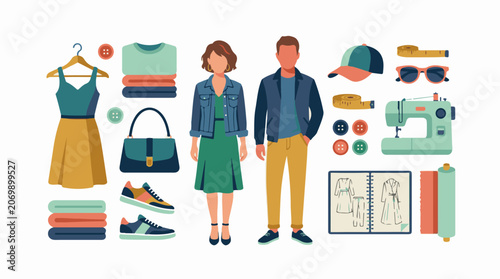 A colorful illustration of a man and woman surrounded by clothing and fashion items