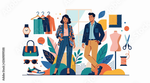 A colorful illustration of a man and woman surrounded by fashion items (1)