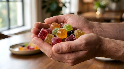 Hands holding colorful fruit gummies, close-up, healthy organic candy