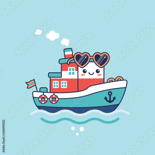 A cute cartoon boat wearing heart shaped sunglasses on water