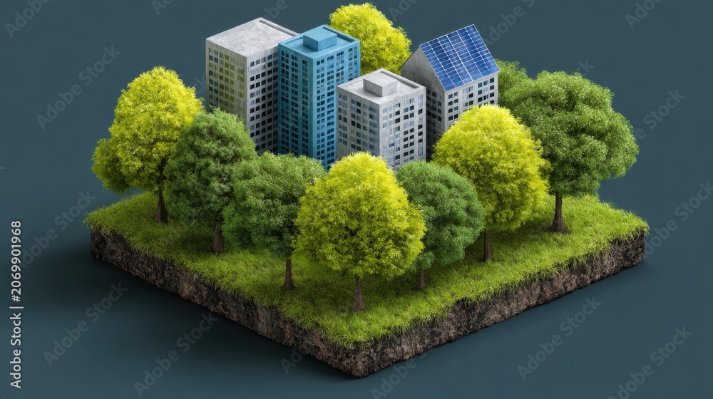 Fototapeta premium Eco-Friendly Urban Area with Modern Buildings Surrounded by Green Trees and Grass in a Sustainability Concept Design for Stock Photos