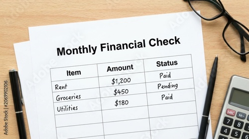 Monthly Budget and Expense Tracking Sheet on Desk.