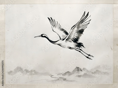Elegant crane soaring gracefully over misty mountains in monochrome watercolor art