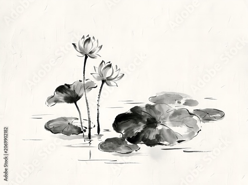 Graceful lotus flowers blooming on a tranquil pond in monochrome ink art style