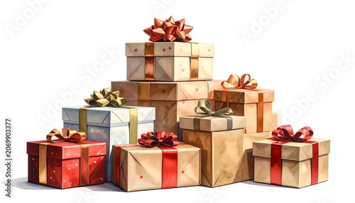 A stack of wrapped rectangular boxes with ribbons and bows. Several colors, patterns, and sizes. Perfect for celebrations