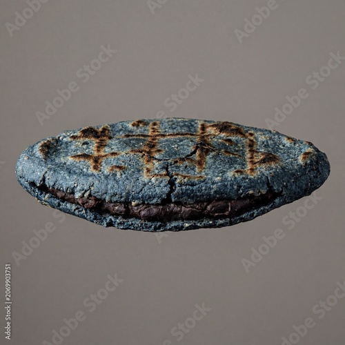 Artisanal Grilled Blue Corn Tlacoyo Filled with Beans Floating on Grey Background. Includes copy space for text.