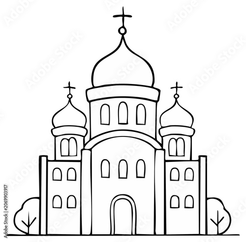 Traditional Eastern Orthodox Church with Domes and Crosses Architectural Drawing