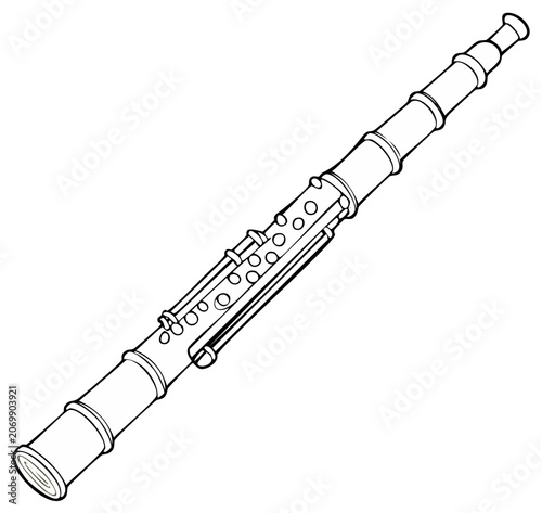Detailed illustration of a clarinet, musical instrument, line drawing