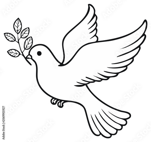 Line art of Dove carrying Olive Branch symbolizes Peace and new beginnings black and white illustration
