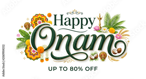 Happy onam indian festival typography logo banner poster discount concept on background.