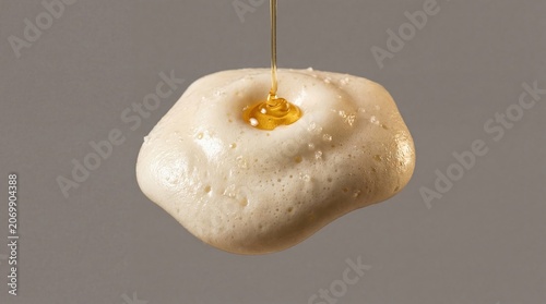 Macro Photo of Levitating Salted Cheese Foam for Tea with Pouring Golden Honey on Grey Background. Includes copy space for text.