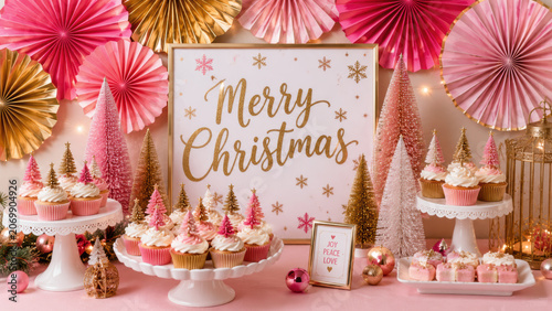 Merry christmas sign with pink and gold cupcakes and holiday party decorations