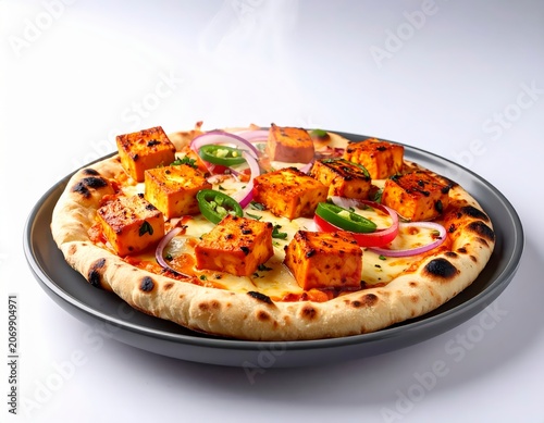 Fusion Paneer Tikka Naanizza On Slate Grey Plate Isolated On White Background