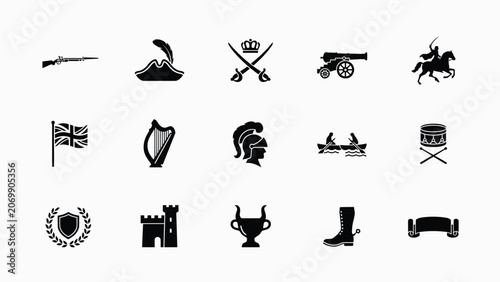 Schilderij op canvas Collection of historical and military icons including a musket feathered hat cro