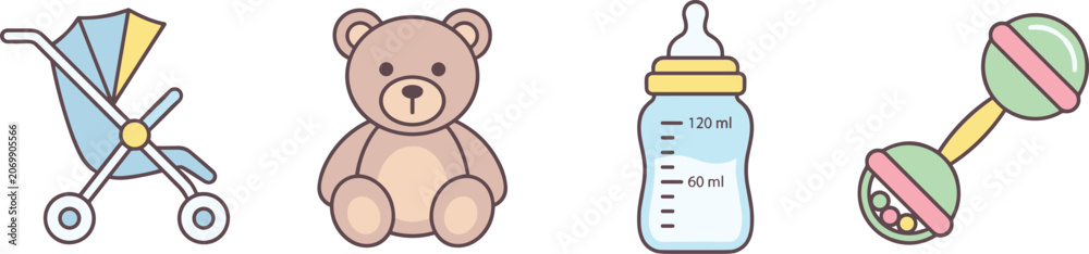 Fototapeta premium Cute Baby Care Icon Set with Stroller Teddy Bear Feeding Bottle and Rattle Symbols for Newborn Infographics Shower Invitations and Childhood Graphic Designs