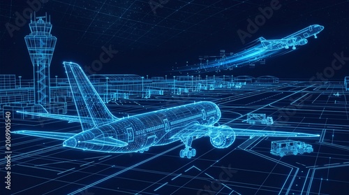 Digital airplane taking off from airport runway at night with glowing wireframe graphics airplane aviation aircraft transportation technology wireframe abstract infrastructure