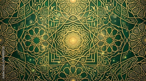 Elegant Green and Gold Islamic Geometric Pattern Background