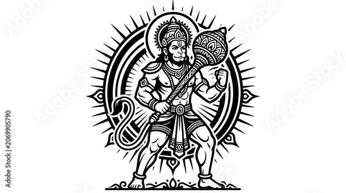 Photography Hindu deity lord hanuman holding a mace in sunburst mandala
