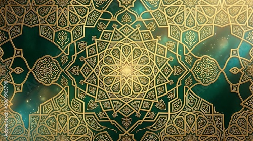 Ornate Gold Islamic Geometric Pattern on Emerald Green Background