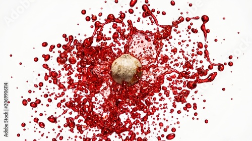 Dynamic splash of red Szechuan chili oil droplets around a single white peppercorn