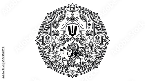 Foto Devotional line art featuring lord hanuman in a sacred circular frame